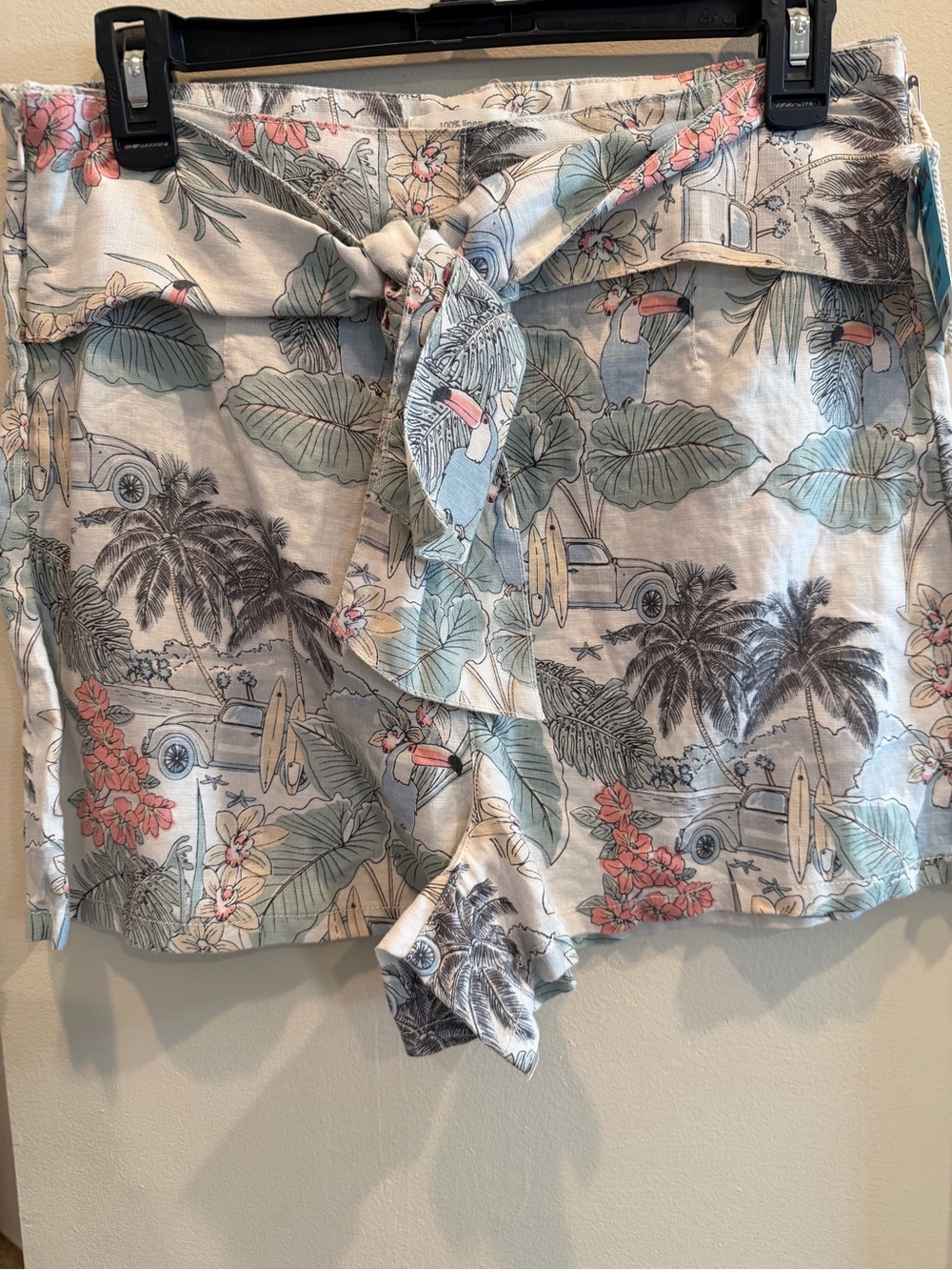 C&C California Tropical Tie-Waist Shorts - White, Blue, Coral